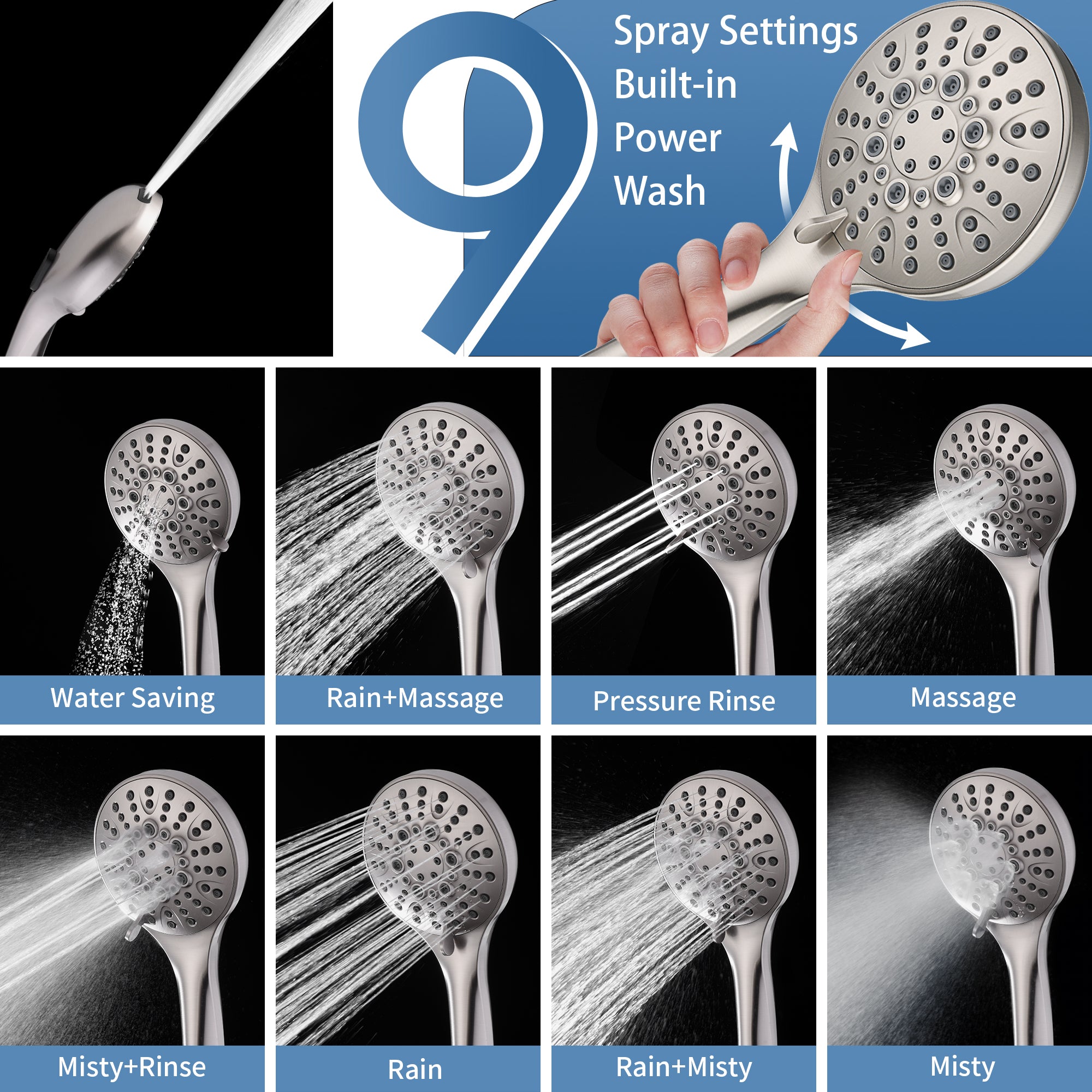 Stainless Steel Slide Bar Grab Rail Set Ada compliant Includes Handheld Shower Head and 79'' Hose