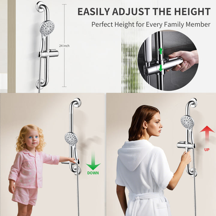 Stainless Steel Slide Bar Grab Rail Set Ada compliant Includes Handheld Shower Head and 79'' Hose