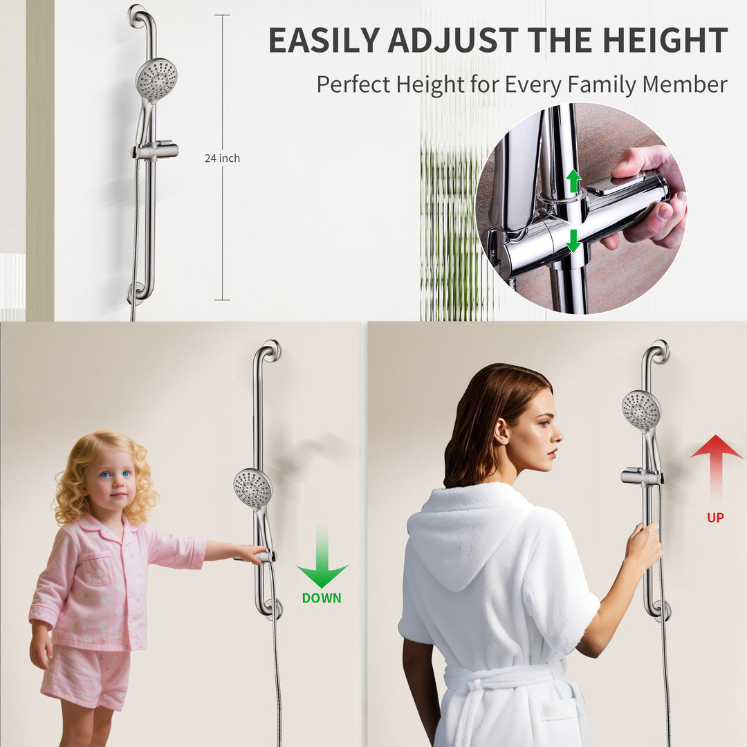 Stainless Steel Slide Bar Grab Rail Set Ada compliant Includes Handheld Shower Head and 79'' Hose