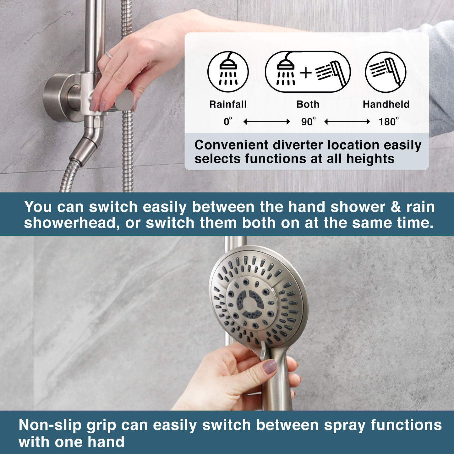 BRIGHT SHOWERS Rain Shower heads system including rain fall shower head and handheld shower head with height adjustable holder , solid brass rail 60 inch long stainless steel shower hose (BSB2510)