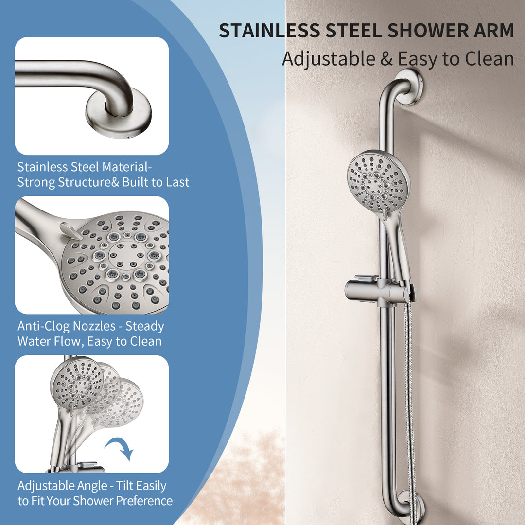 Stainless Steel Slide Bar Grab Rail Set Ada compliant Includes Handheld Shower Head and 79'' Hose
