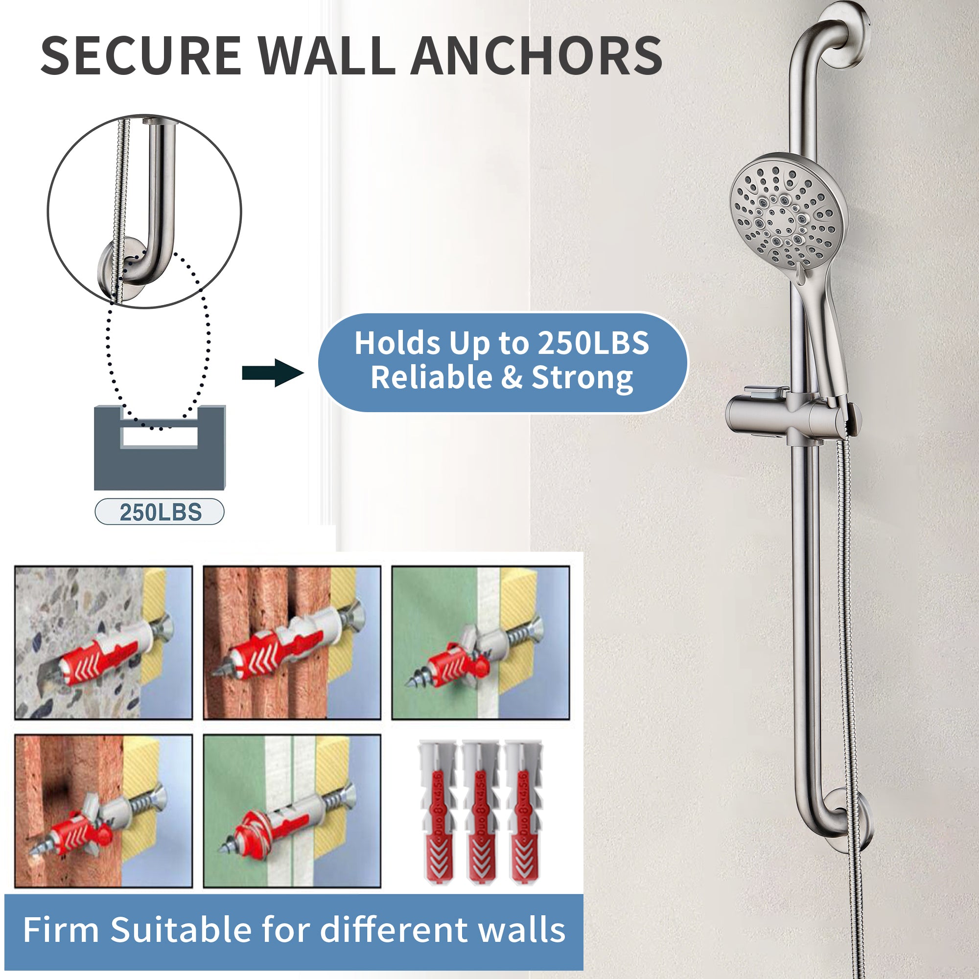 Stainless Steel Slide Bar Grab Rail Set Ada compliant Includes Handheld Shower Head and 79'' Hose
