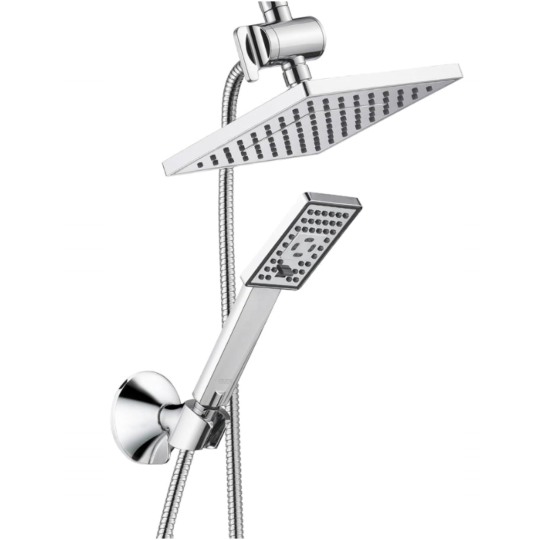 BRIGHT SHOWERS Rain Shower Head with Handheld Spray 5 ft. Shower Hose Combo Includes Wall Mount Suction Bracket, 3-Way Water Diverter Mount (8 Inch Square) (PSS1807)