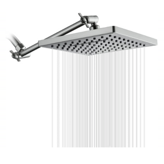 BRIGHT SHOWERS Rain Shower Head with 10 Inch Adjustable Extension Arm Combo, 8 Inch High Pressure Square Rainfall Showerhead with Shower Arm for Vertical Bathing Waterfall Experience (PAS1807)