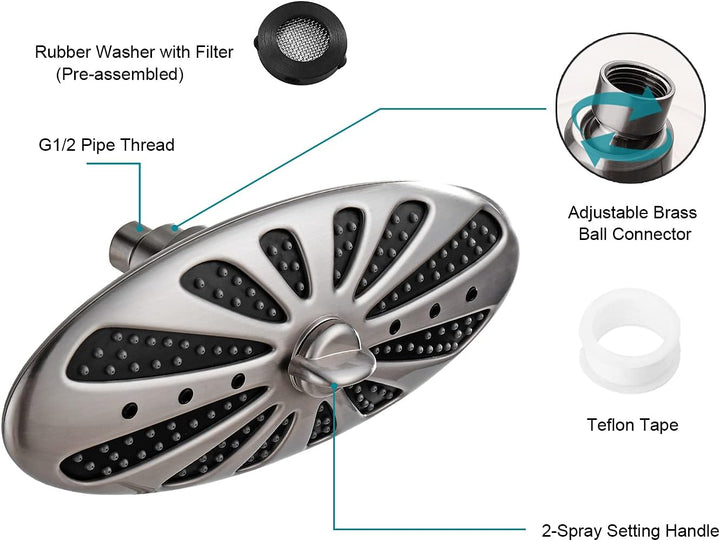Rain Shower Head with Adjustable Brass Swivel Ball Joint, 2-Spray - brightshowers