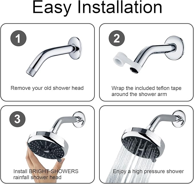 3 Spray Fixed Rainfall Shower Head with Adjustable Metal Swivel Ball Joint - brightshowers