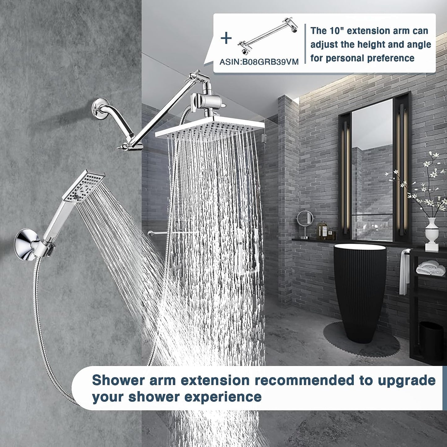 BRIGHT SHOWERS Rain Shower Head with Handheld Spray 5 ft. Shower Hose Combo Includes Wall Mount Suction Bracket, 3-Way Water Diverter Mount (8 Inch Square) (PSS1807)