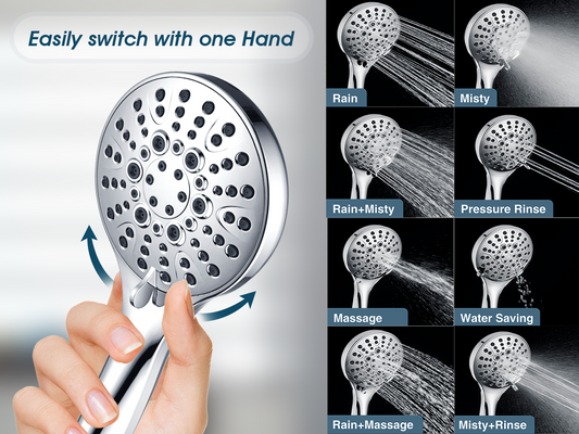 BRIGHT SHOWERS Rain Shower Head with Handheld Spray Built-in Power Wash, High Pressure Dual Shower Head with Height Adjustable Extension Arm, 3-Way Diverter, 9 Settings Handheld, 69” Long Hose(BAS2055)
