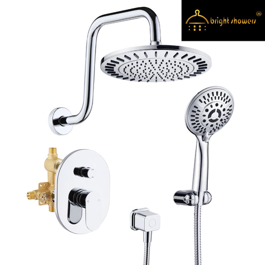 BRIGHT SHOWERS Rain Shower Heads System Shower Faucet Set Includes Rainfall Shower Head with High Rise Shower Arm, Handheld Shower Head Combo, Shower Valve and Shower Trim Kit(FT20350)