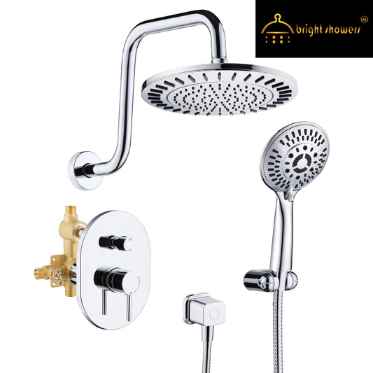 BRIGHT SHOWERS Rain Shower Heads System Shower Faucet Set Includes Rainfall Shower Head with High Rise Shower Arm, Handheld Shower Head Combo, Shower Valve and Shower Trim Kit (FT20360)