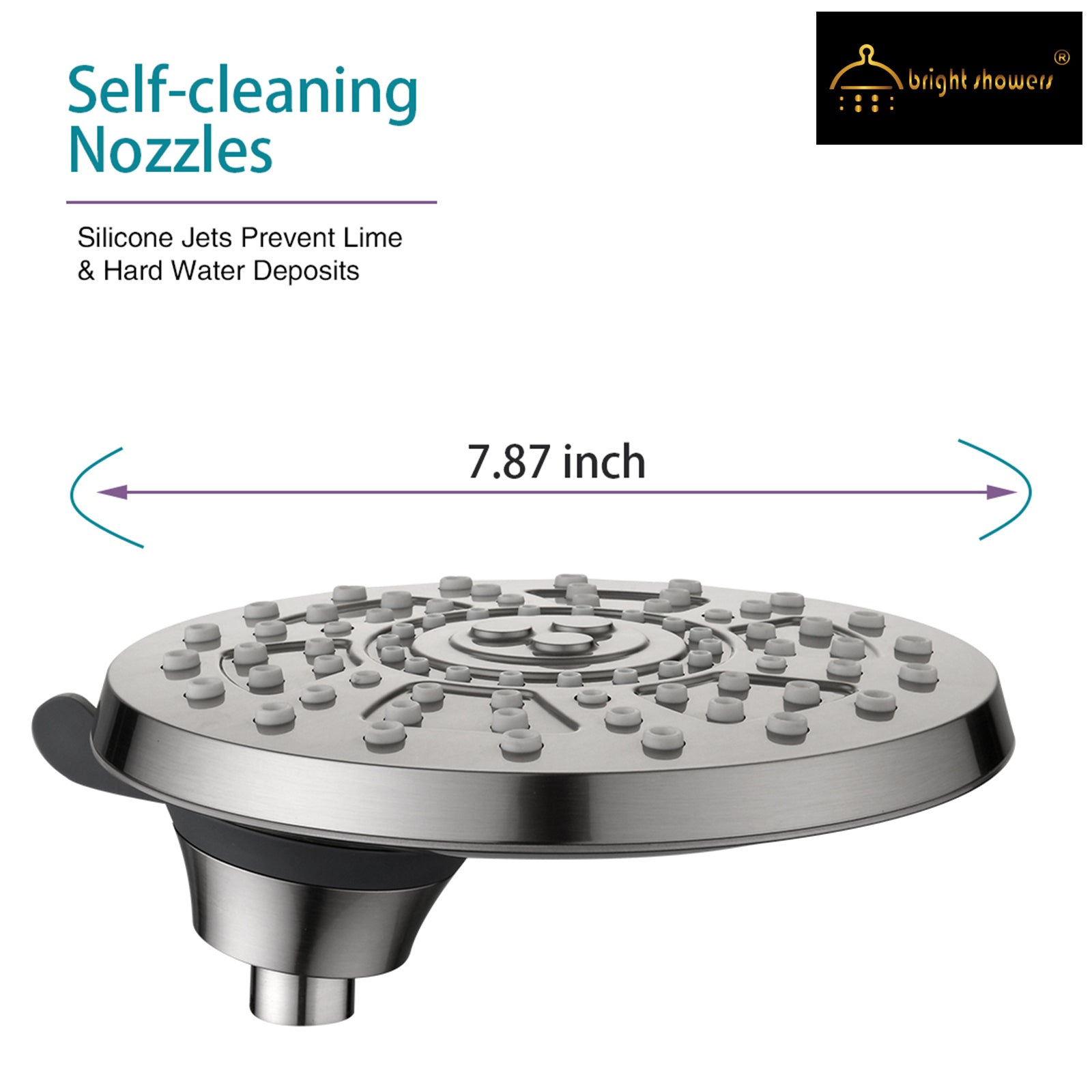 Rain Shower Head with 4 Spray Settings and Adjustable Ball Joint, 8 Inch - brightshowers