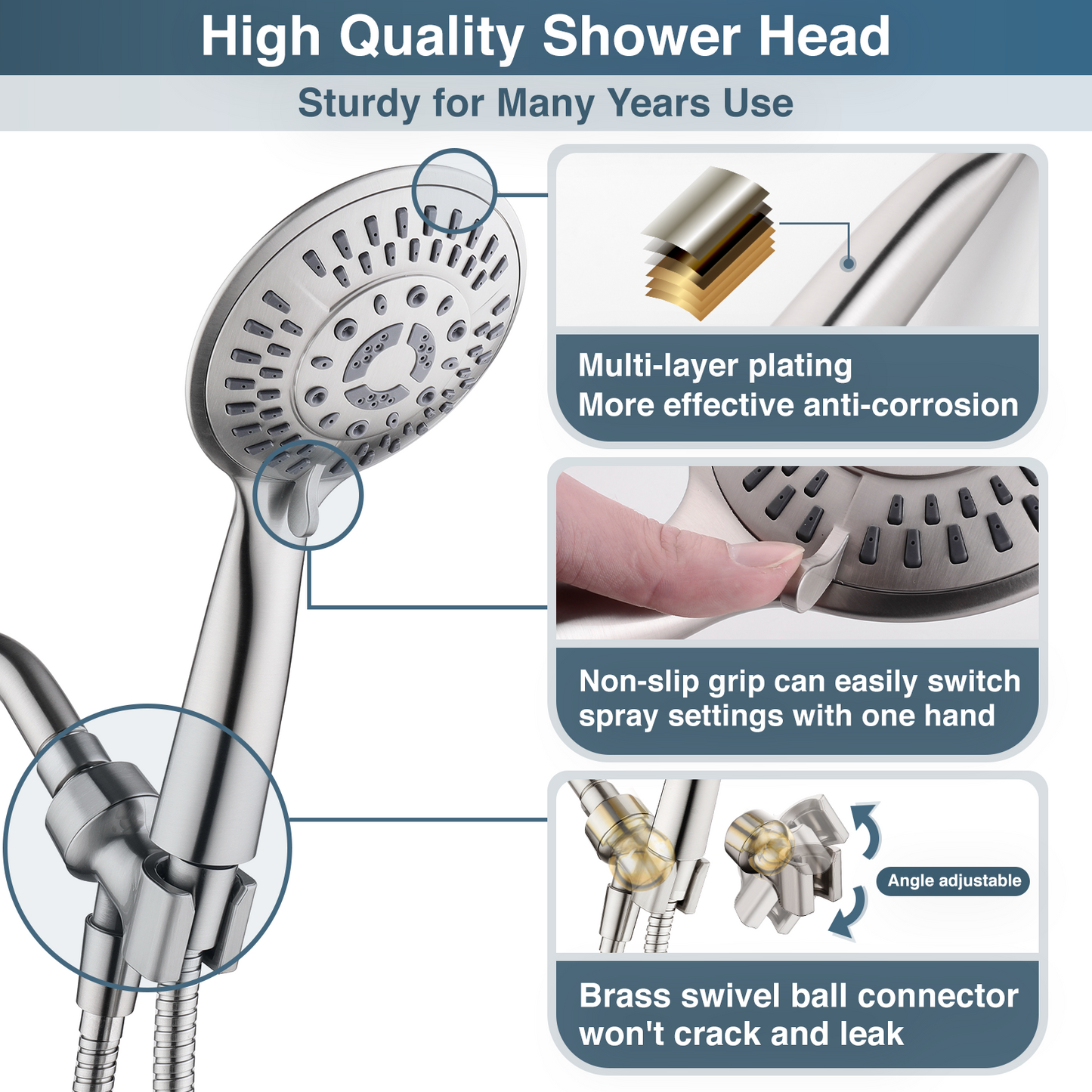 BRIGHT SHOWERS High Pressure 9 Spray Settings Handheld Shower Head Set, Powerful Water Spray Hand Held Rain Shower with 60 Inch Flexible Hose and Adjustable Shower Arm Mount (PSS9900)