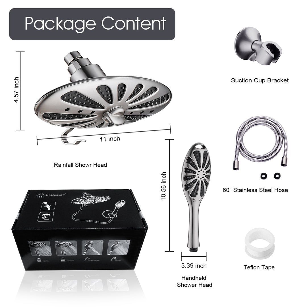 Shower Heads Combo - Rain Shower Head and Handheld Shower Head with Hose and Suction Holder - brightshowers