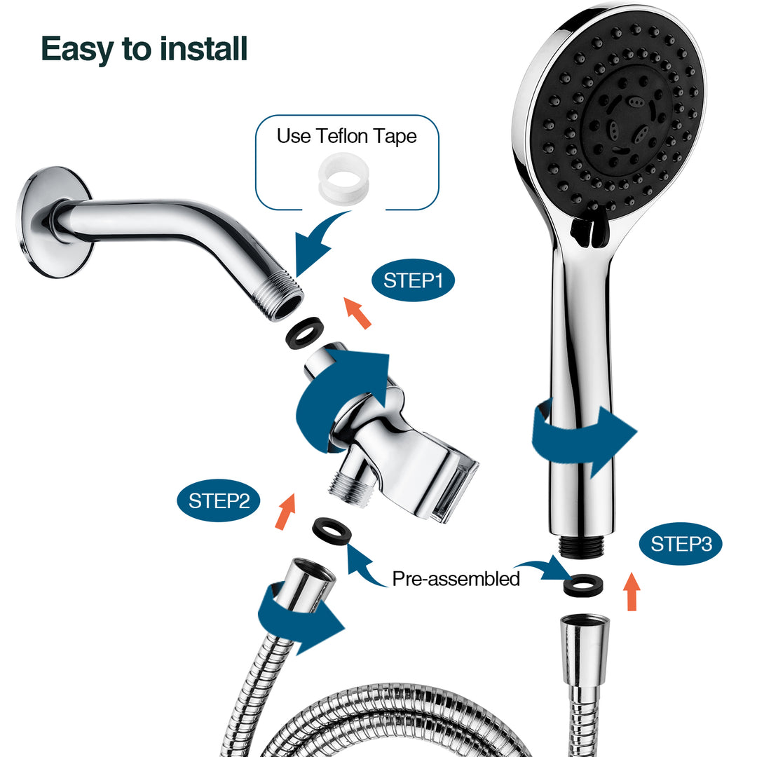High Pressure 5-Spray Handheld Shower Head Kit, Hose and Wall Bracket - brightshowers