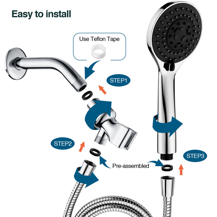 High Pressure 5-Spray Handheld Shower Head Kit, Hose and Wall Bracket - brightshowers