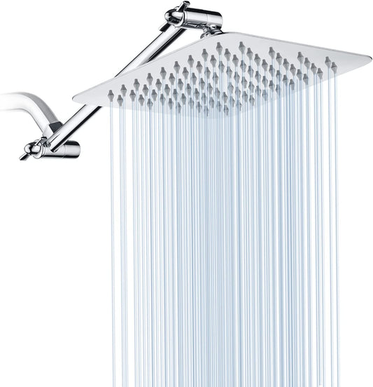 BRIGHT SHOWERS Rain Shower Head with 10 Inch Adjustable Extension Arm Combo, 8 Inch High Pressure Stainless Steel Rainfall Showerhead, Ultra Thin Square Design Easy to Install
