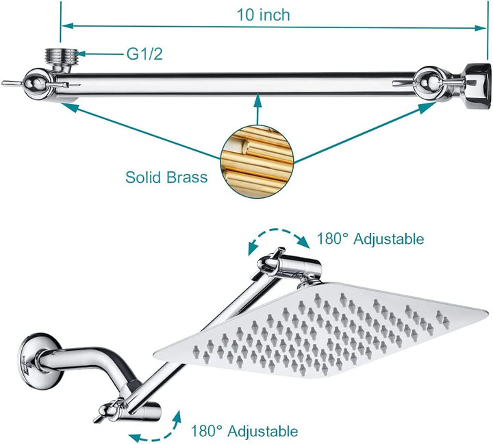 8 Inch High Pressure Rainfall Showerhead with 10 Inch Adjustable Extension Arm - brightshowers