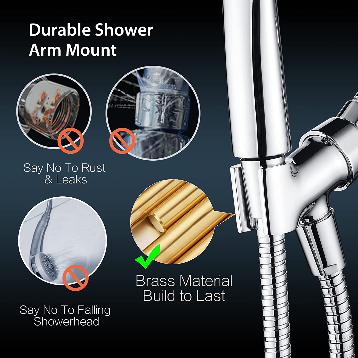 BRIGHT SHOWERS All Metal Shower Head Holder for Handheld Shower Head,  Adjustable Shower Arm Mount with Universal Wall Hook Bracket (BBA1901)