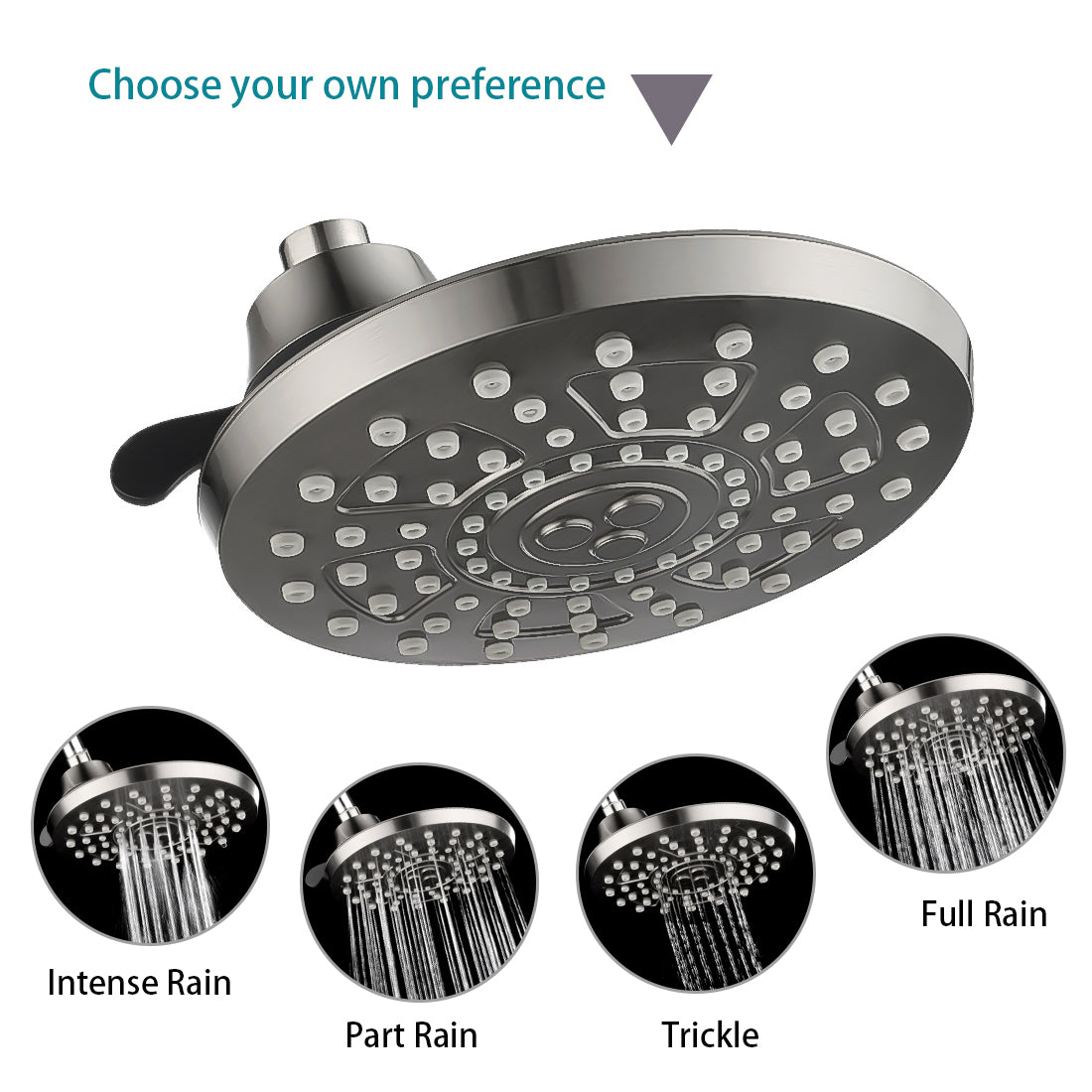 Rain Shower Head with 4 Spray Settings and Adjustable Ball Joint, 8 Inch - brightshowers