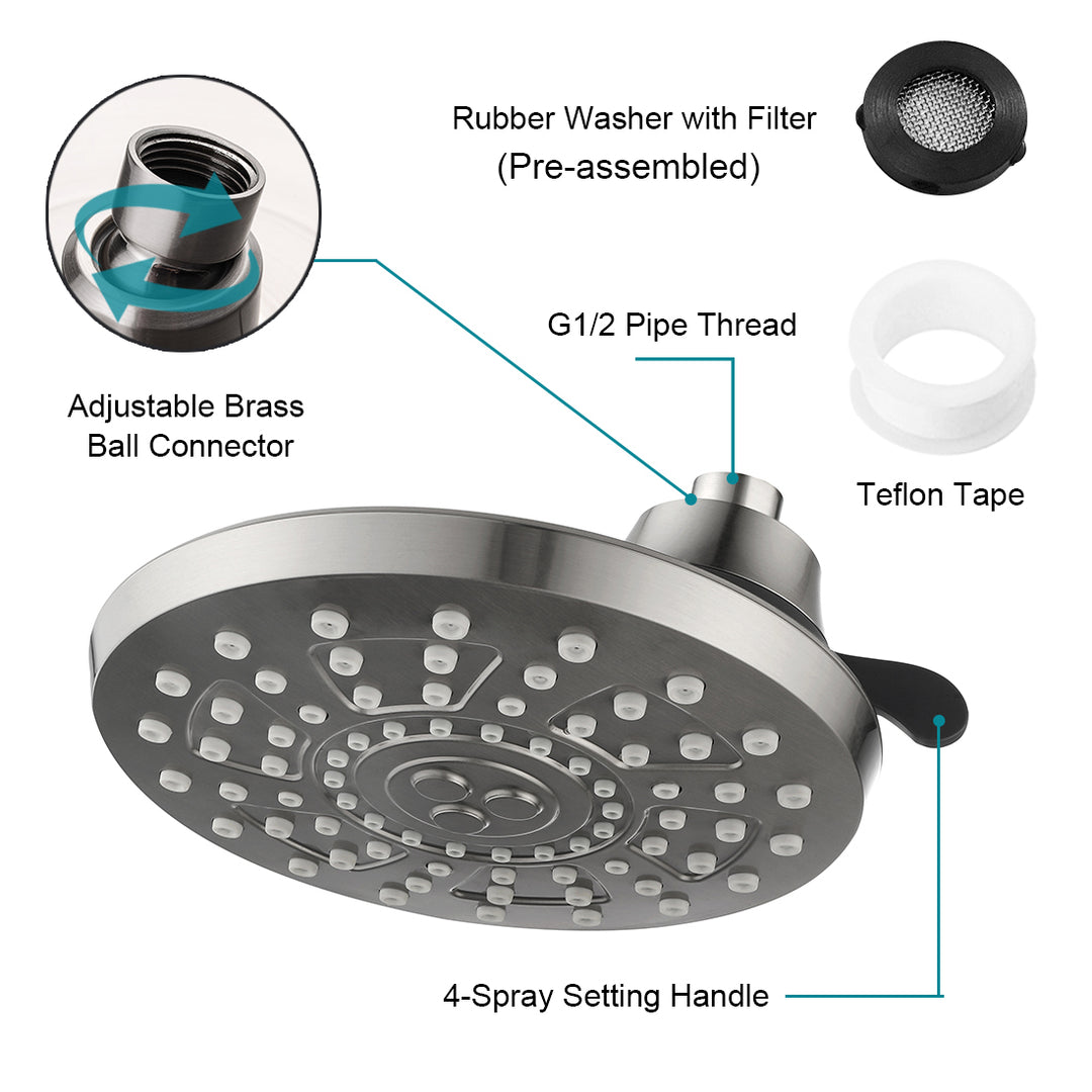 Rain Shower Head with 4 Spray Settings and Adjustable Ball Joint, 8 Inch - brightshowers
